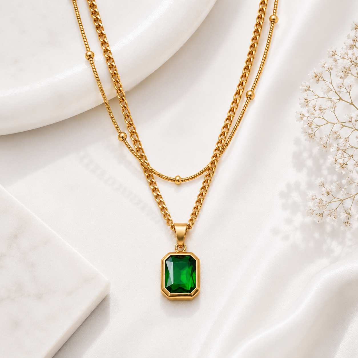 Emerald Duet Charm Necklace