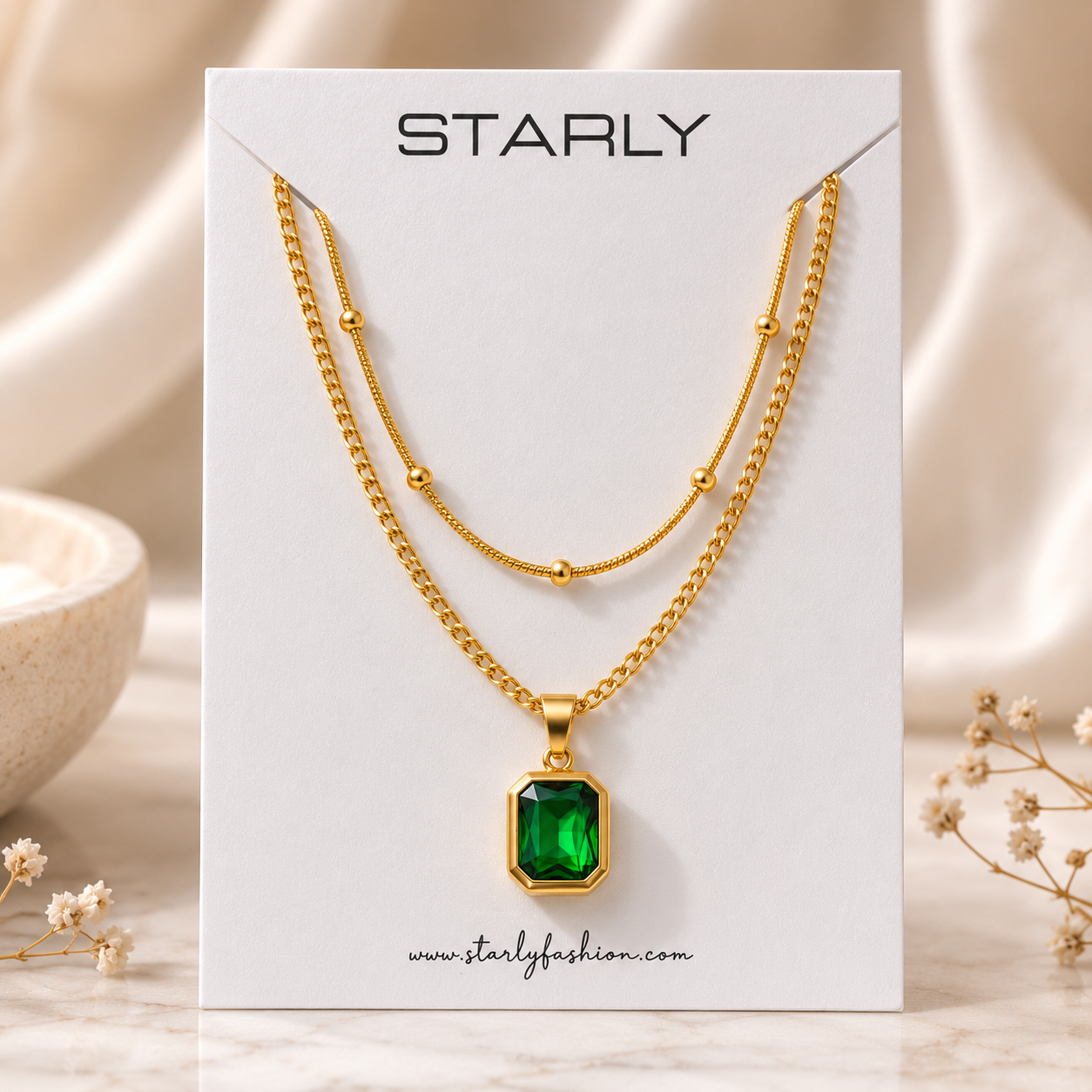 Emerald Duet Charm Necklace